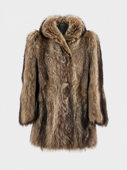 Brown and grey vintage raccoon fur coat – front view
