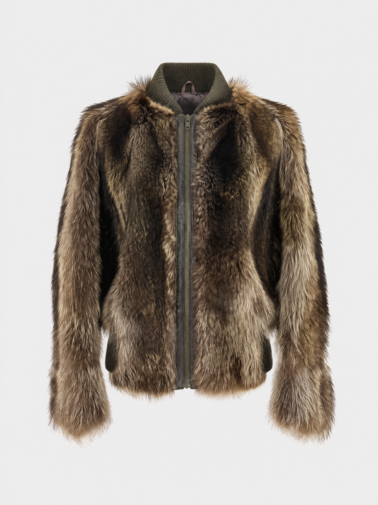 Brown and grey vintage raccoon fur bomber jacket – front view