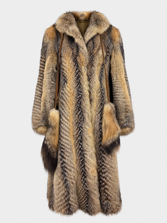 Golden brown vintage fox fur long coat – front view