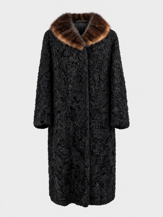 Black vintage Persian lamb fur coat with mink collar – front view