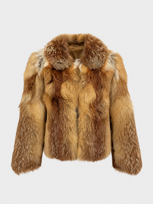 Golden orange vintage fox fur cropped jacket – front view