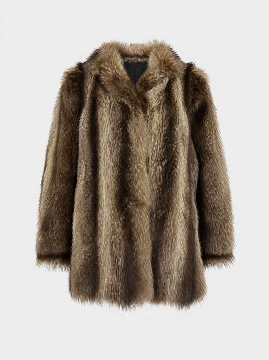 Taupe and brown vintage raccoon fur coat – front view