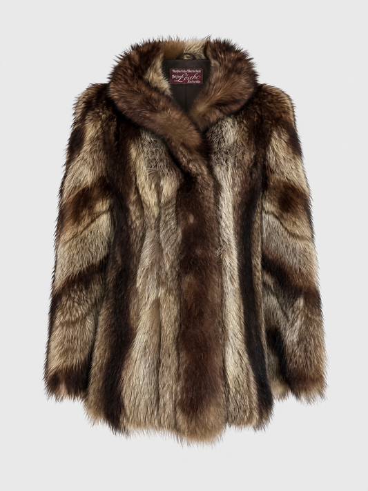 Dark brown vintage raccoon fur jacket – front view