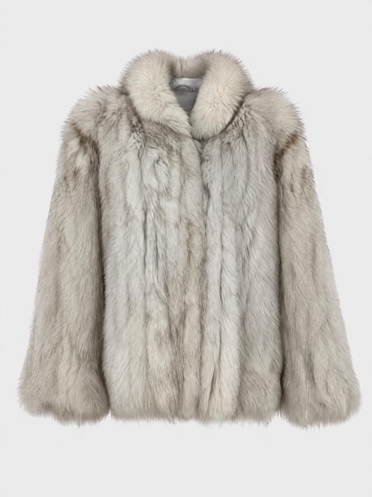 Silver grey and ivory vintage white fox fur jacket – front view