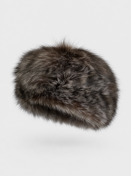 Grey and brown vintage raccoon fur hat – front view