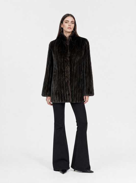 Brown vintage mink fur jacket worn by a model