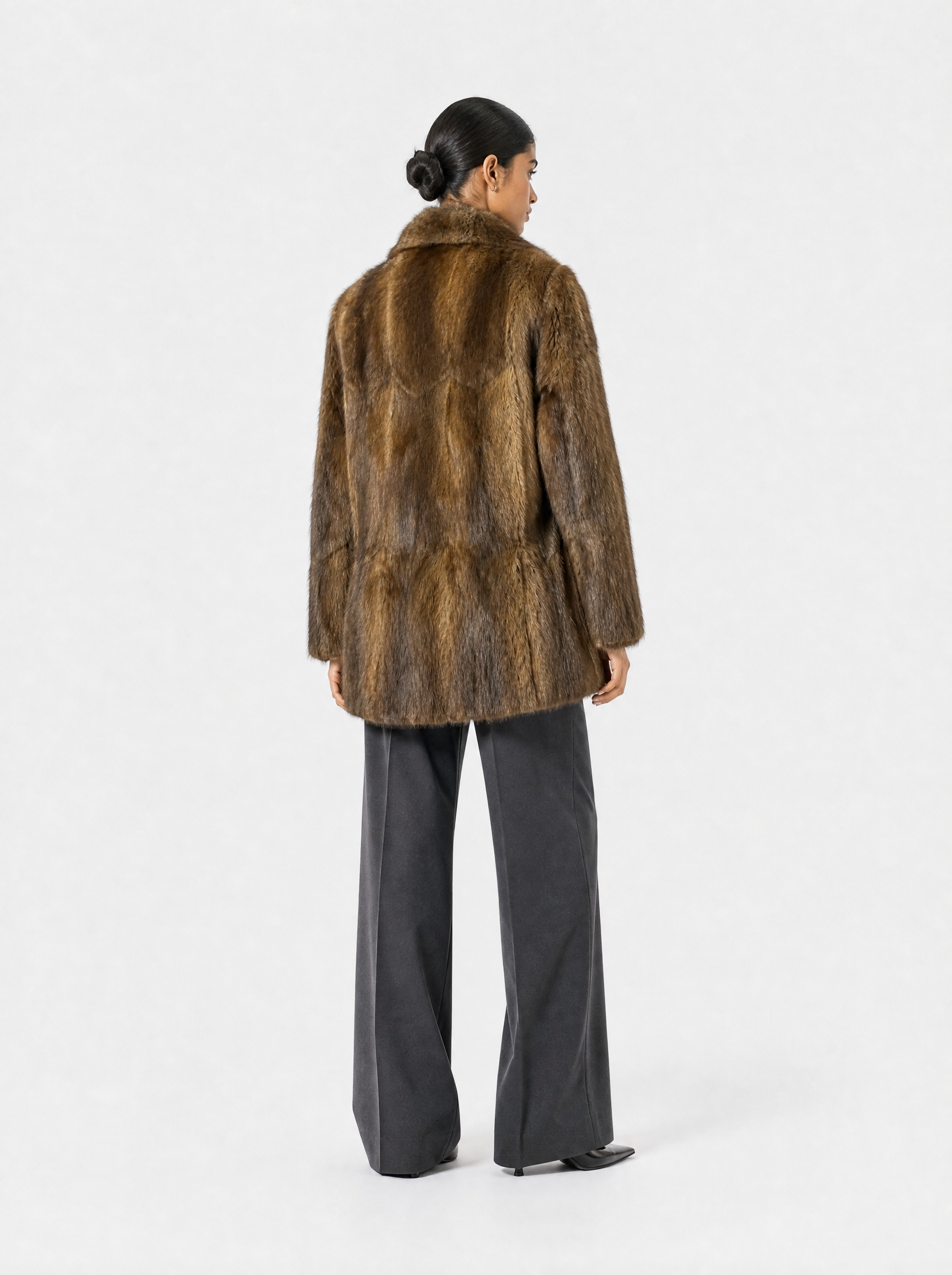 Brown vintage muskrat fur coat – back view