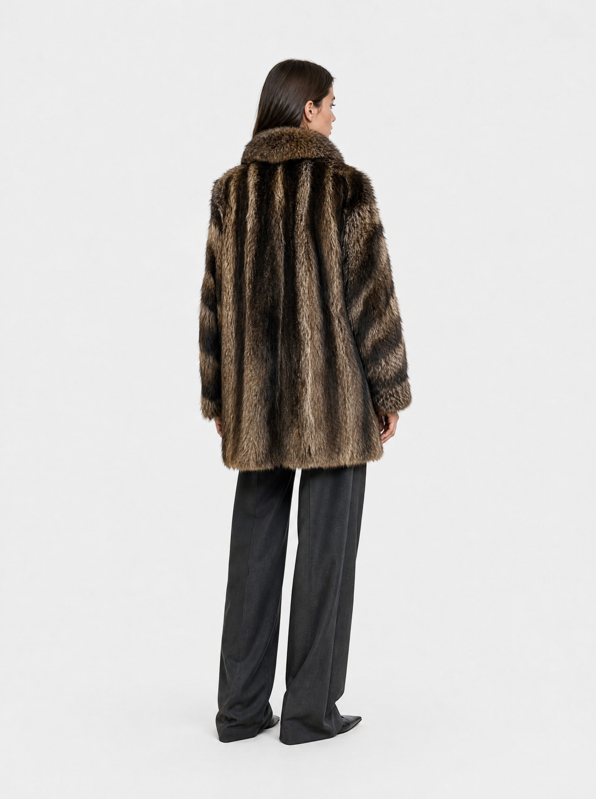 Brown vintage raccoon fur coat – back view