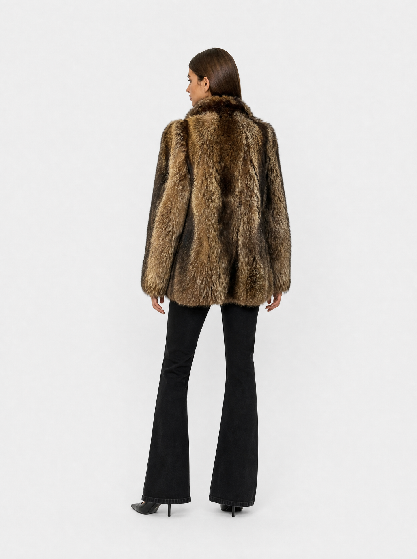 Brown vintage raccoon fur jacket – back view