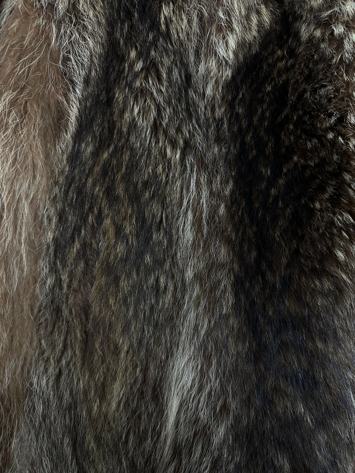 Close-up of brown vintage raccoon fur jacket