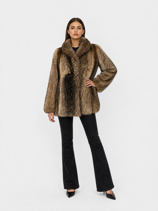 Brown vintage raccoon fur jacket worn by a model
