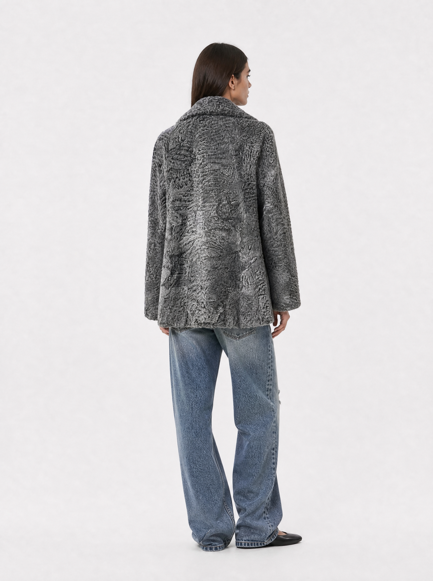 Grey vintage Persian lamb fur coat – back view
