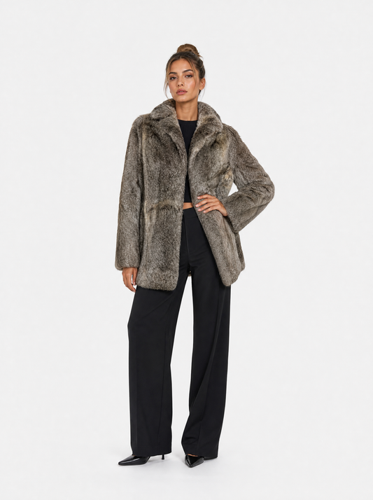 Grey vintage rabbit fur coat worn by a model